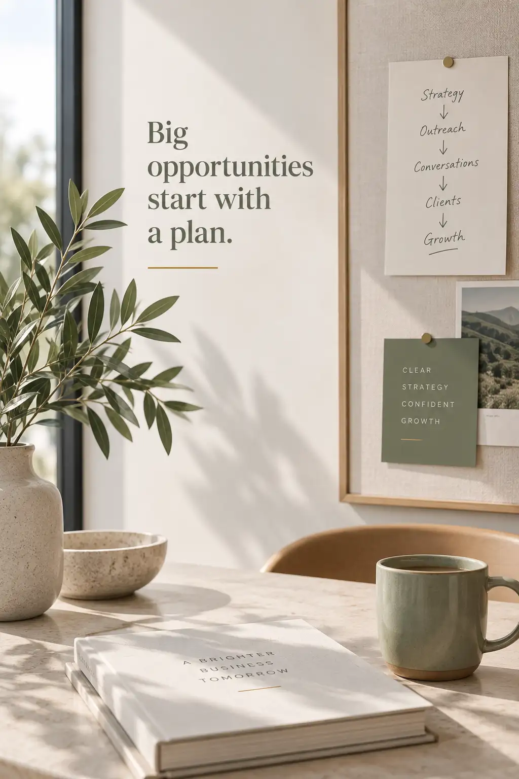 Calm office scene with strategy notes, plant and coffee representing a structured B2B sales process and business growth.