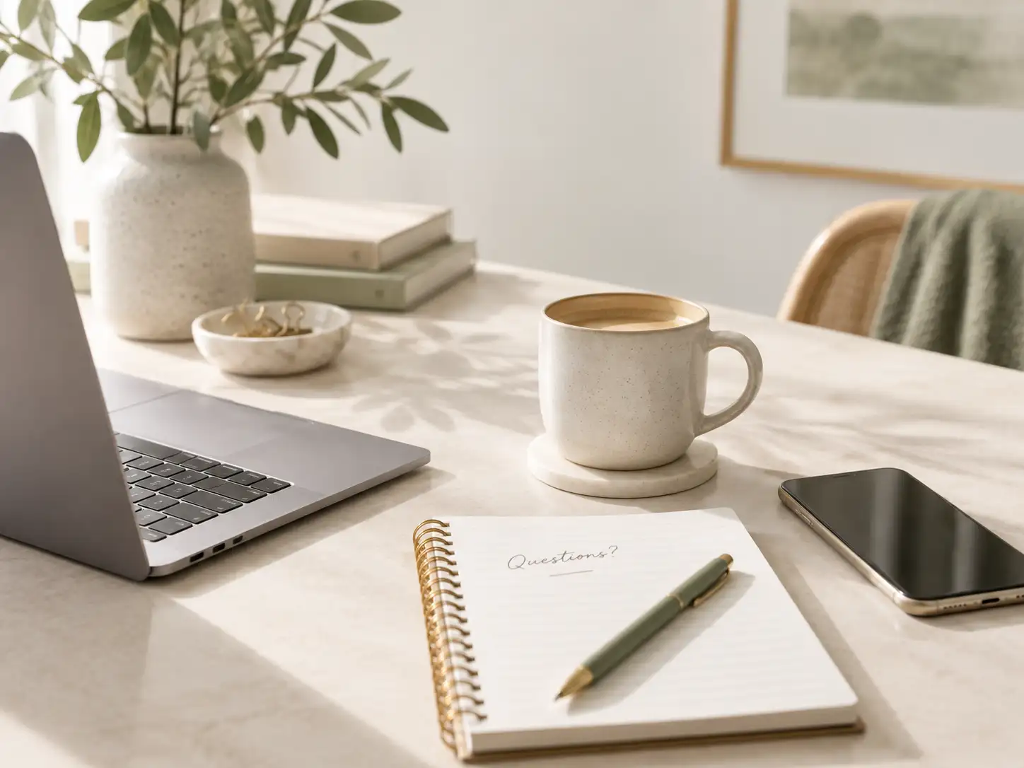 Notebook with a handwritten question on a desk beside a coffee and laptop, representing quick pre-purchase questions for Selling to Corporate.
