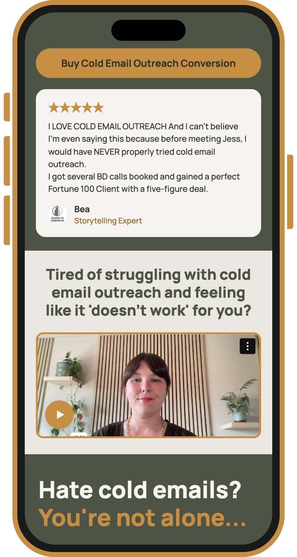 Mobile view of Selling to Corporate's cold email outreach training page, featuring a client testimonial and video introduction.