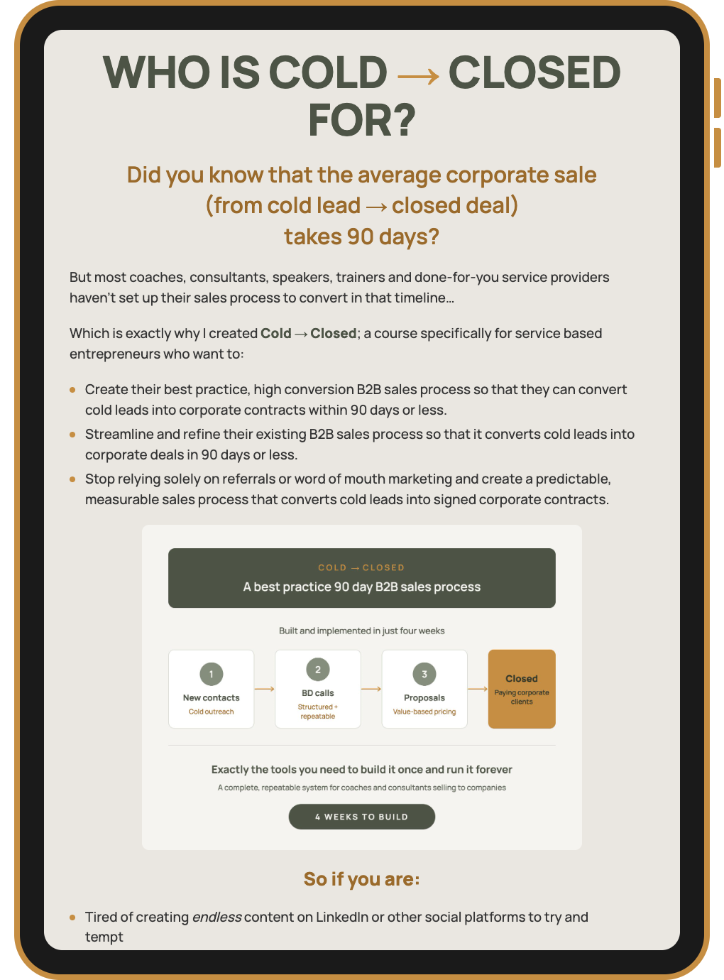 Tablet preview of the Cold to Closed B2B sales training programme, showing a 90-day sales process for converting cold leads into corporate clients.